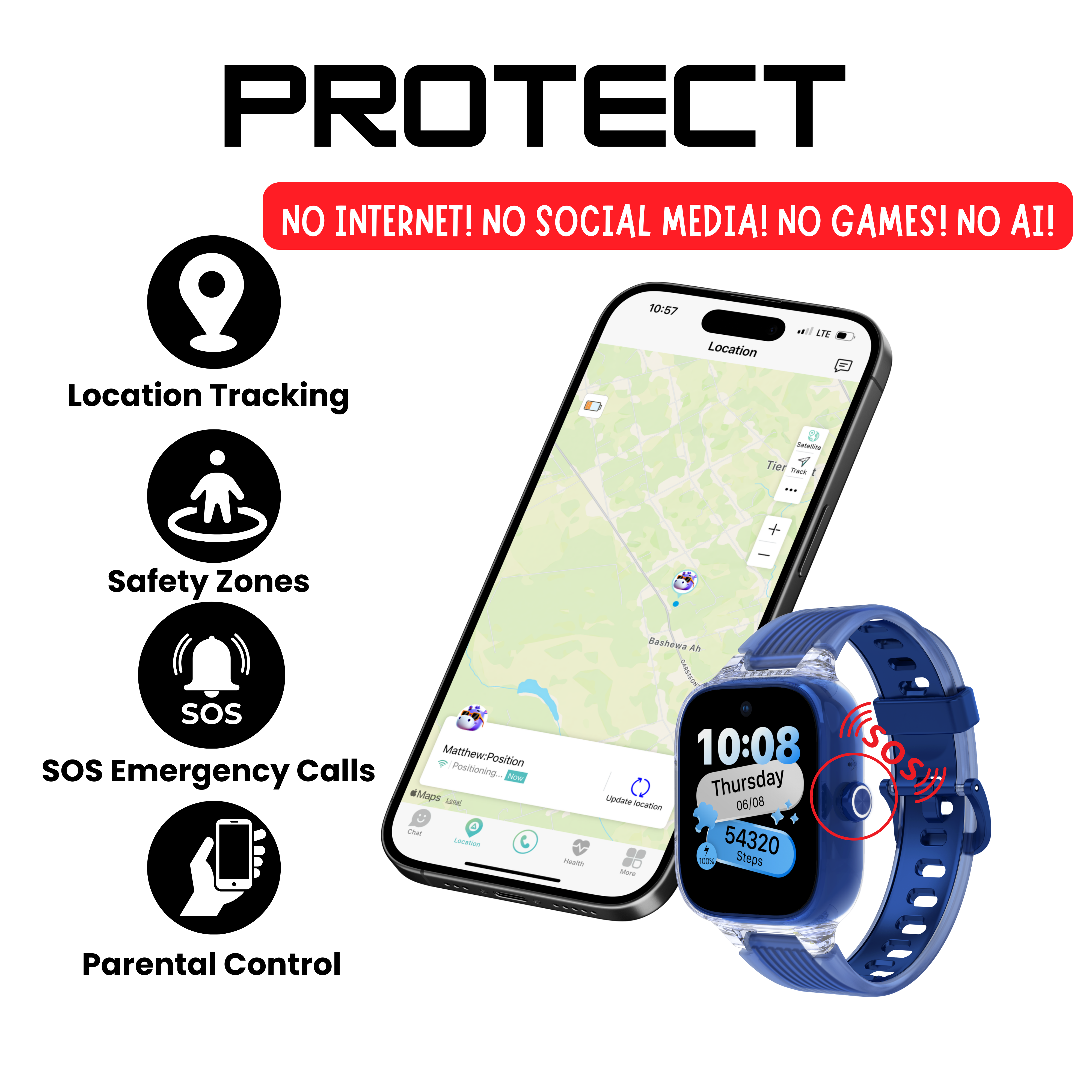 Smartphone and smartwatch with features like location tracking, safety zones, and SOS emergency calls on a white background.