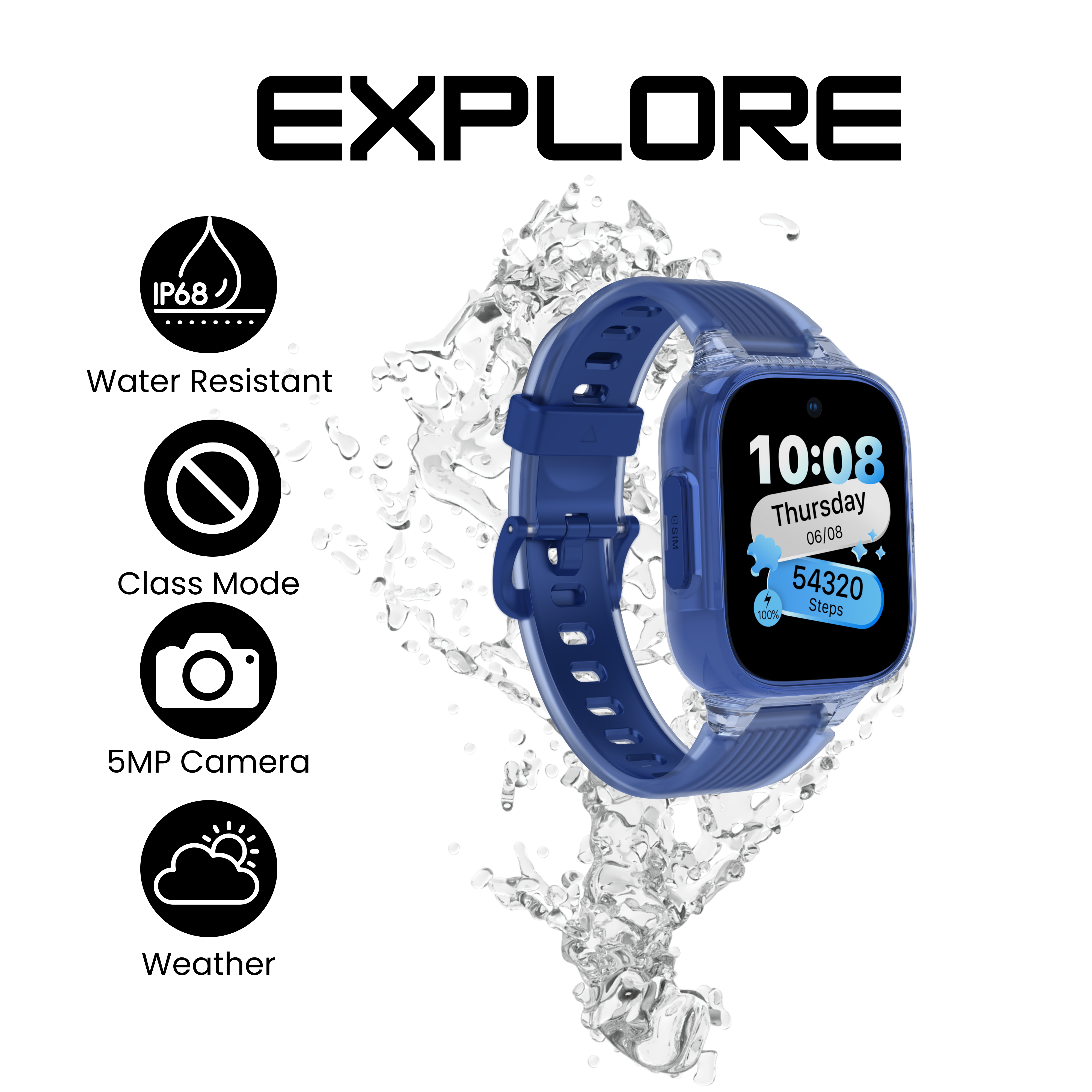 Blue smartwatch with water resistance features on a white background