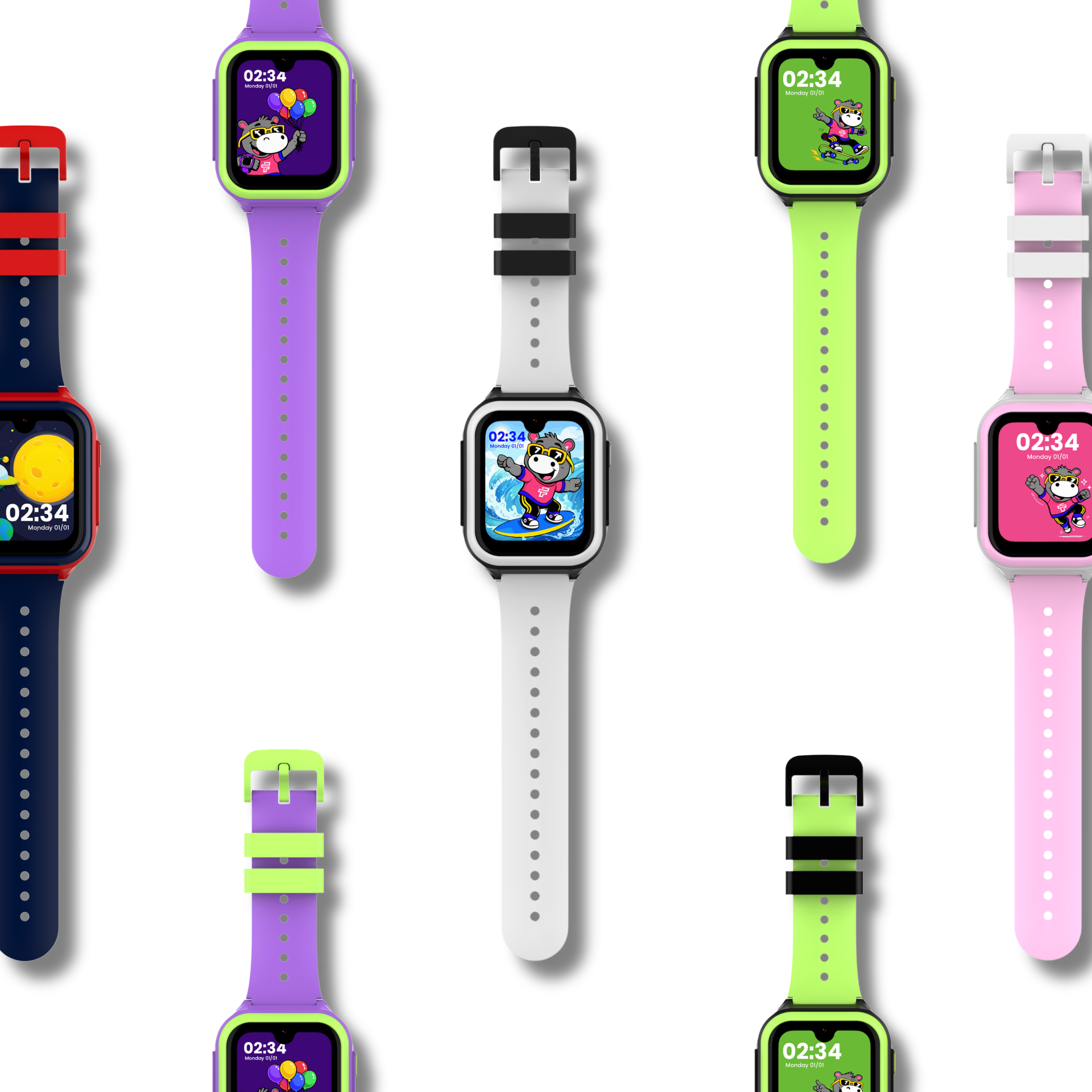 Multiple colorful smartwatches with different band colors on a white background
