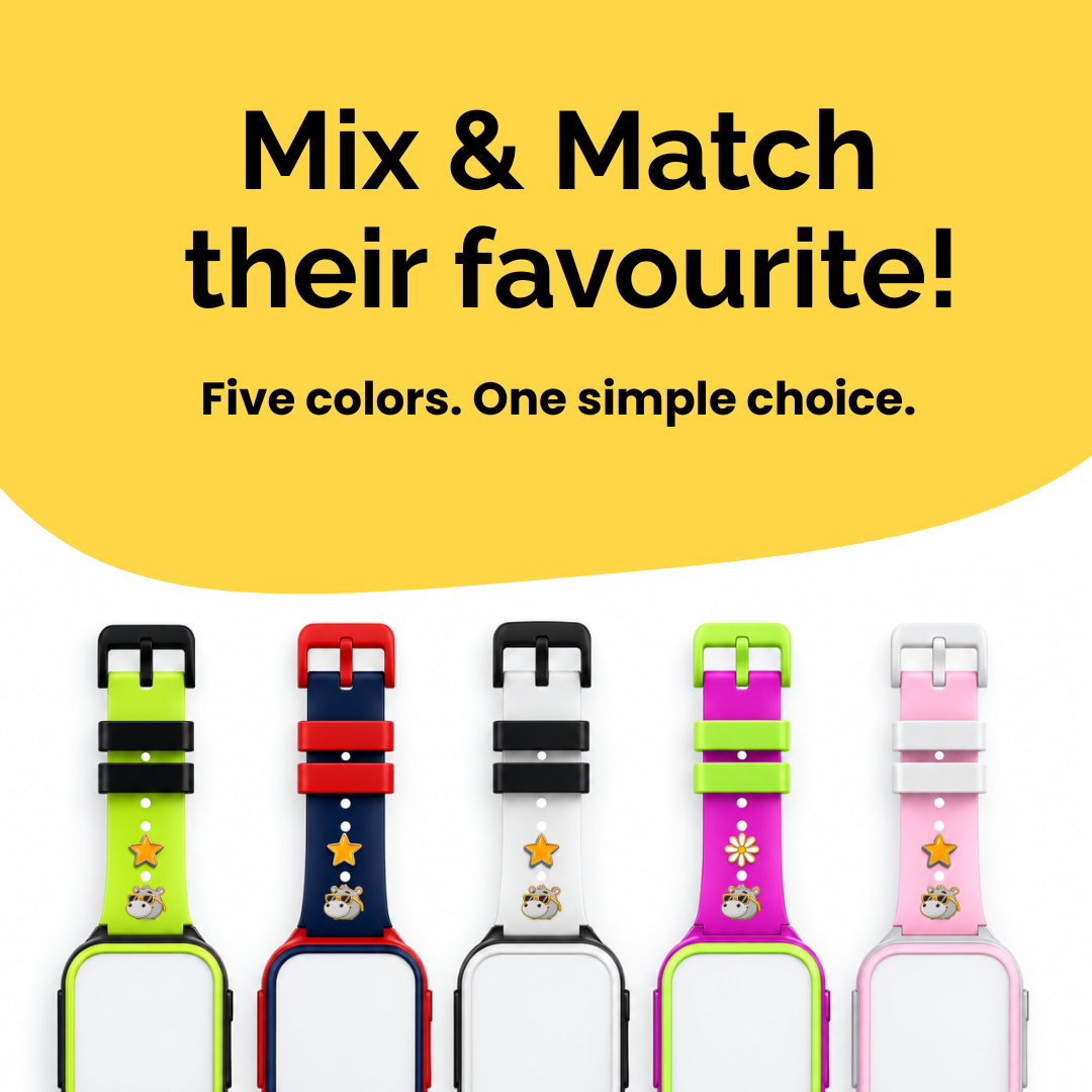 Promotional graphic showing five Funkyfing smartwatch straps in different colours: lime green, red, white, purple, and pink. Large text at the top reads 'Mix & Match their favourite! Five colors.