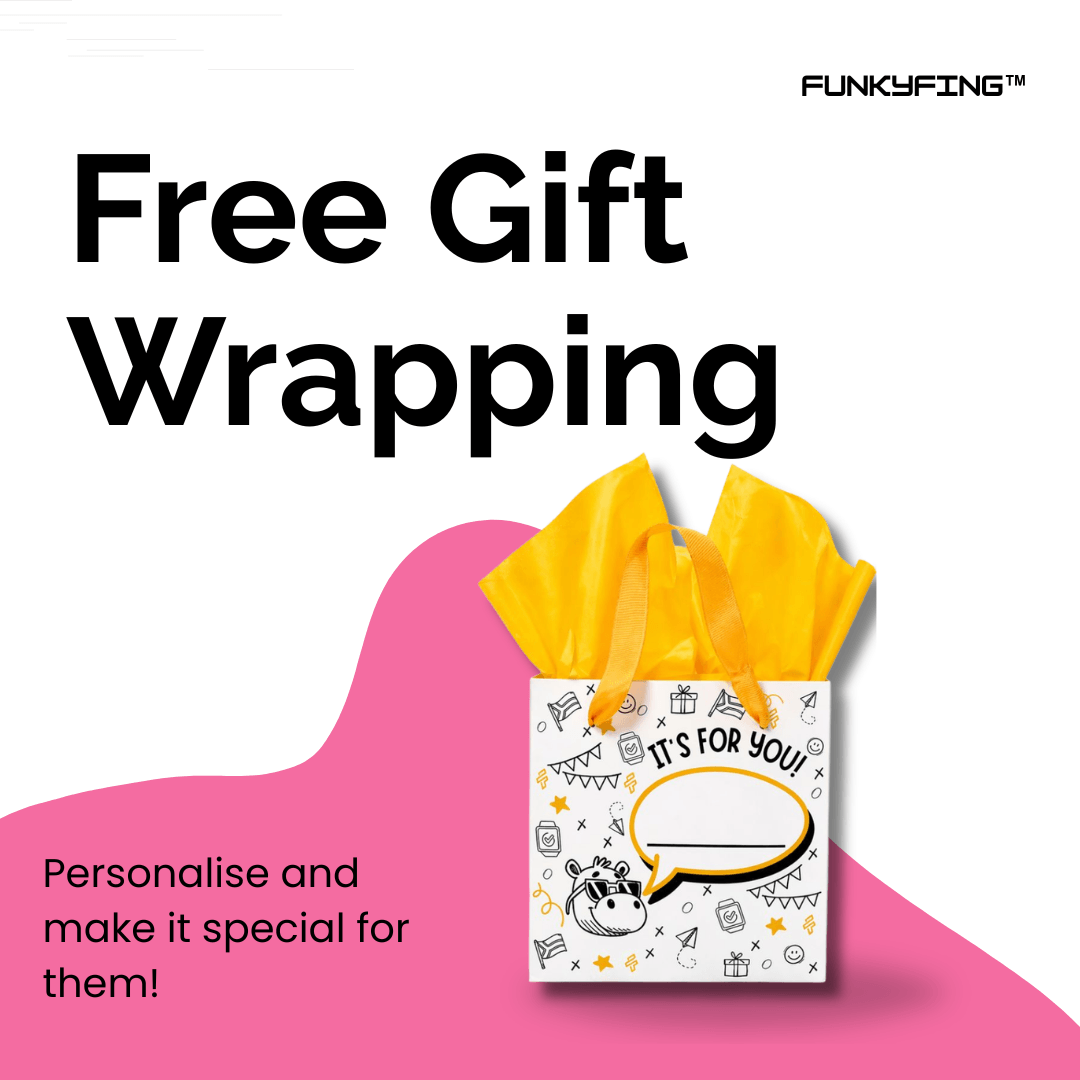 Gift bag with yellow tissue paper and 'It's for you!' text on a pink background with 'Funkyfing' branding.